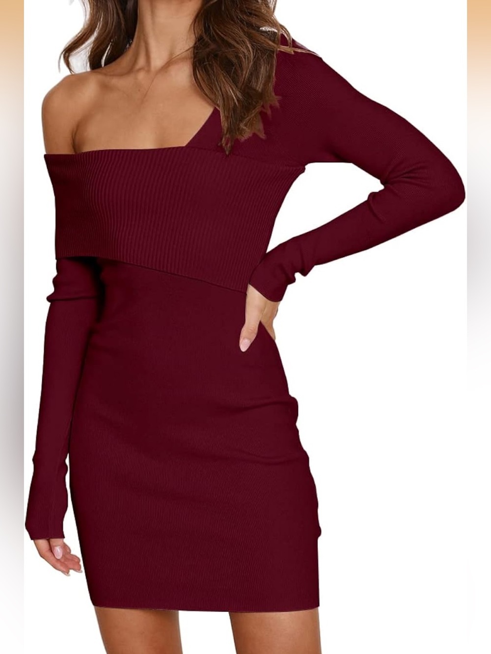 Off-Shoulder Long Sleeve Ribbed Bodycon Dress - Burgundy